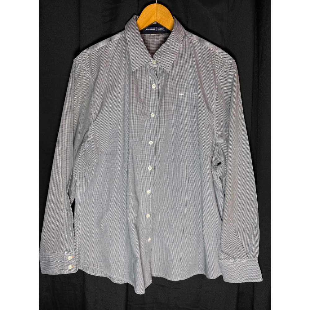 Stan Herman JetBlue Navy Gingham Button Down Shirt Womens Professional Top